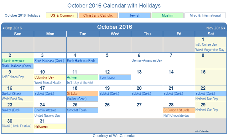 October 2016 Printable Calendar with US Holidays including: Christian, Jewish and Muslim Holidays