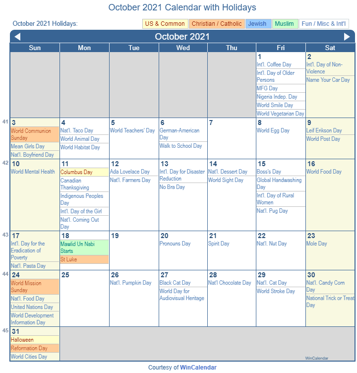 October 2021 Printable Calendar with US Holidays: Christian, Jewish and Muslim Holidays