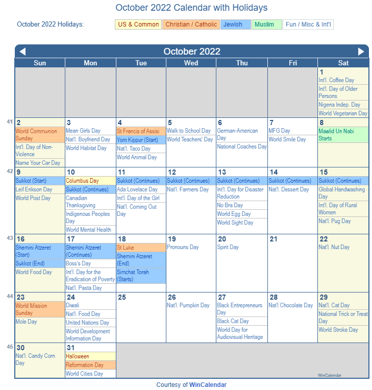 Print Friendly October 2022 US Calendar for printing