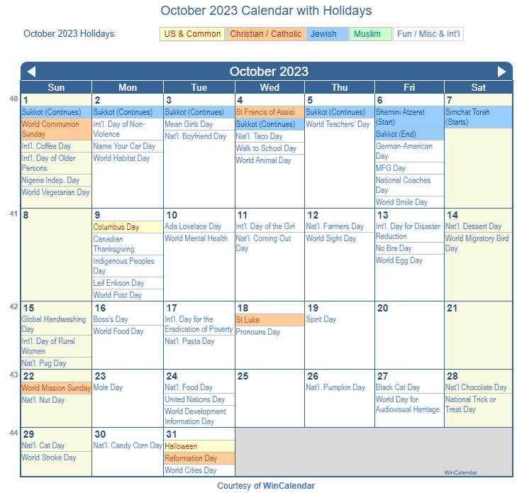 October 2023 Printable Calendar with US Holidays: Christian, Jewish and Muslim Holidays