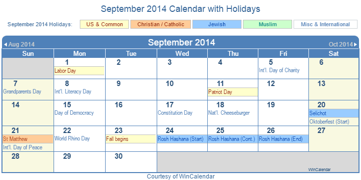 September 2014 Printable Calendar with US Holidays including: Christian, Jewish and Muslim Holidays