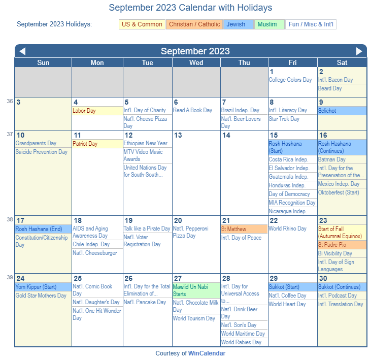 September 2023 Printable Calendar with US Holidays: Christian, Jewish and Muslim Holidays