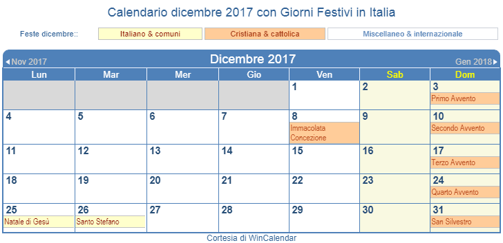 Calendario dicembre 2017 per la stampa - Italia