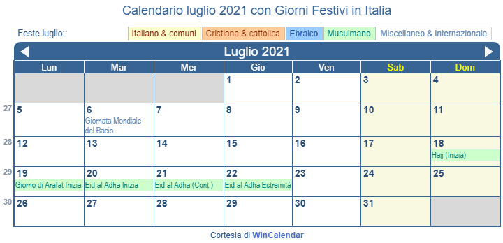 Calendario luglio 2021 per la stampa Italia