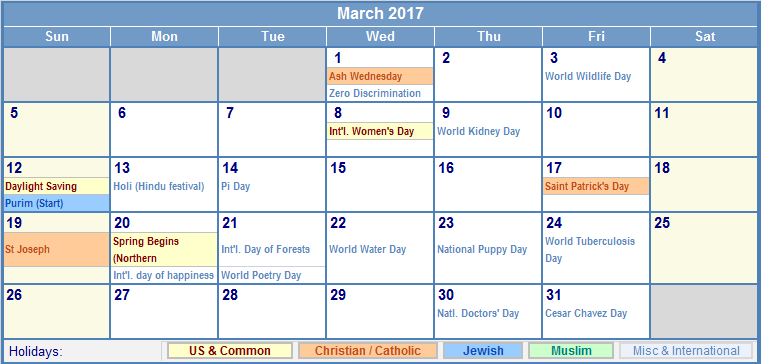 March 2017 US Calendar with Holidays for printing (image format)