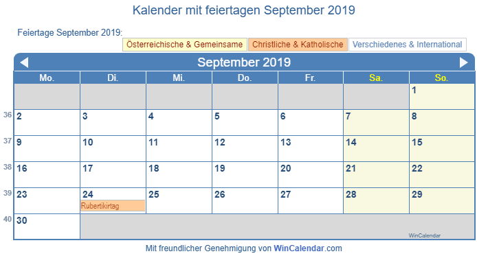 Osterreich Kalender Zum Drucken September 2019
