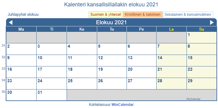Kalenteri elokuu 2021 hallituksen ja uskonnolliset juhlapäivät