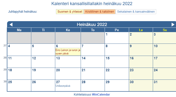 Kalenteri heinäkuu 2022 hallituksen ja uskonnolliset juhlapäivät
