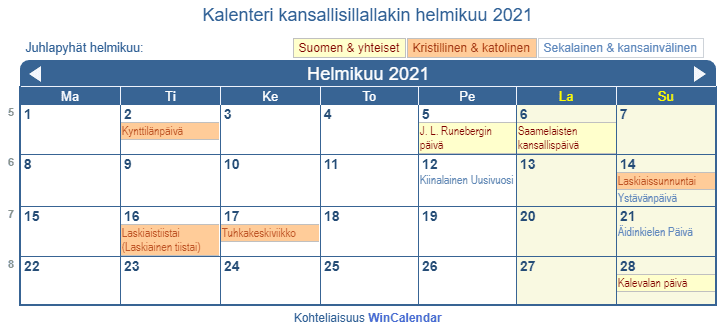 Kalenteri helmikuu 2021 hallituksen ja uskonnolliset juhlapäivät