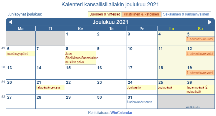 Kalenteri joulukuu 2021 hallituksen ja uskonnolliset juhlapäivät