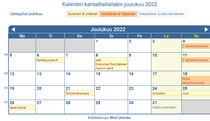 Kalenteri joulukuu 2022 hallituksen ja uskonnolliset juhlapäivät