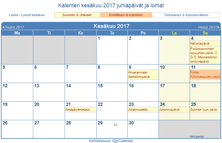 Kalenteri kesäkuu 2017 tulostaa - Suomi