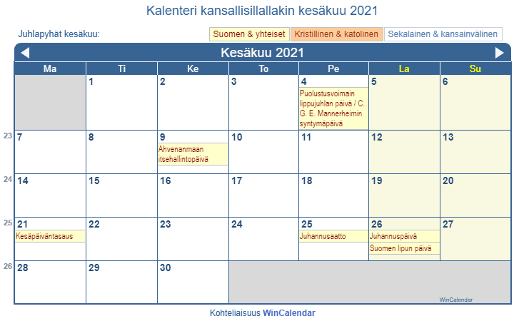 Kalenteri kesäkuu 2021 hallituksen ja uskonnolliset juhlapäivät