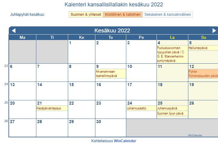 Kalenteri kesäkuu 2022 hallituksen ja uskonnolliset juhlapäivät
