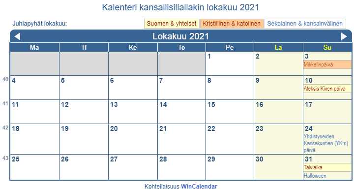 Kalenteri lokakuu 2021 hallituksen ja uskonnolliset juhlapäivät