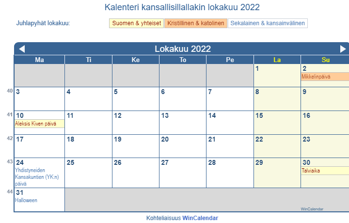 Kalenteri lokakuu 2022 hallituksen ja uskonnolliset juhlapäivät