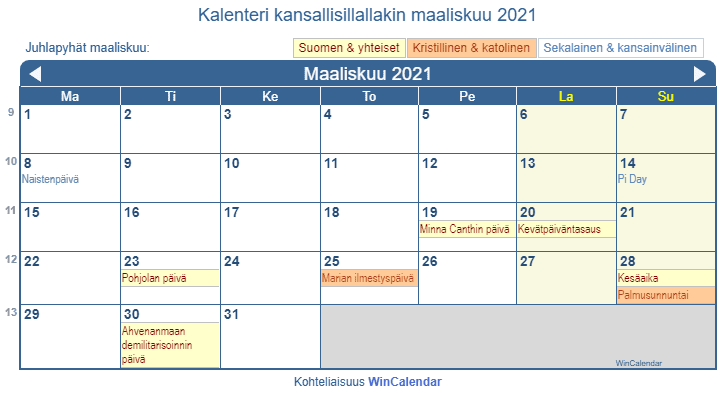 Kalenteri maaliskuu 2021 hallituksen ja uskonnolliset juhlapäivät