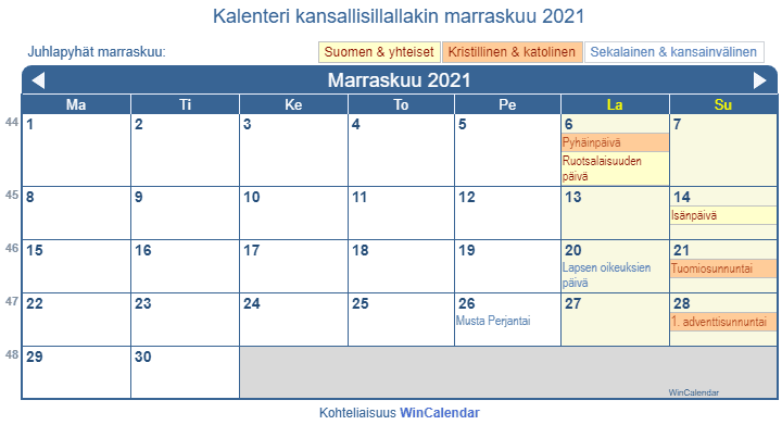 Kalenteri marraskuu 2021 hallituksen ja uskonnolliset juhlapäivät