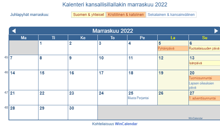Kalenteri marraskuu 2022 hallituksen ja uskonnolliset juhlapäivät