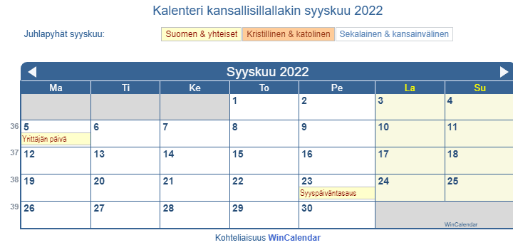 Kalenteri syyskuu 2022 hallituksen ja uskonnolliset juhlapäivät