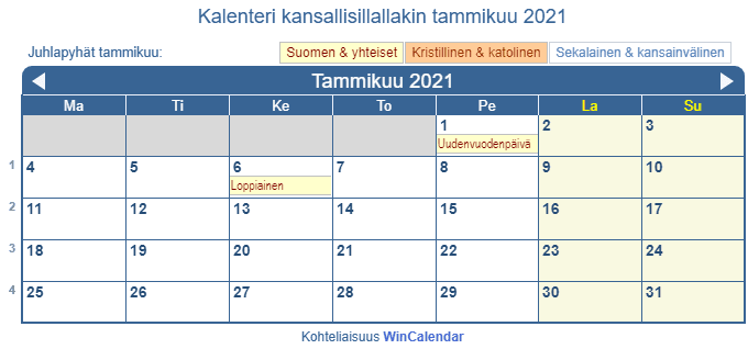 Kalenteri tammikuu 2021 hallituksen ja uskonnolliset juhlapäivät
