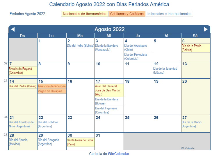 Calendario América Agosto 2022 en formato de imagen para imprimir