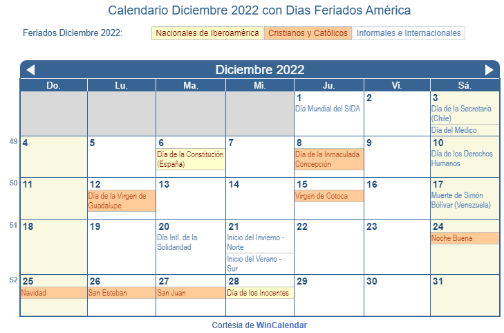 Calendario América Diciembre 2022 en formato de imagen para imprimir