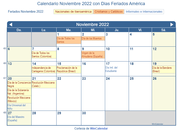 Calendario América Noviembre 2022 en formato de imagen para imprimir