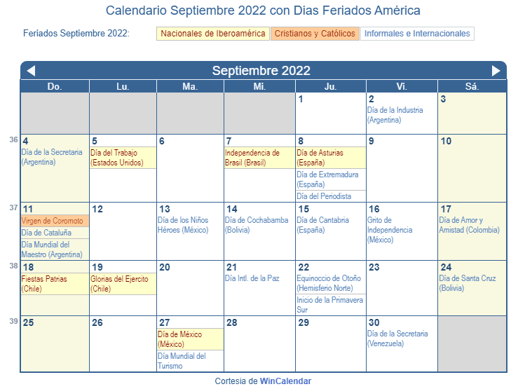 Calendario América Septiembre 2022 en formato de imagen para imprimir