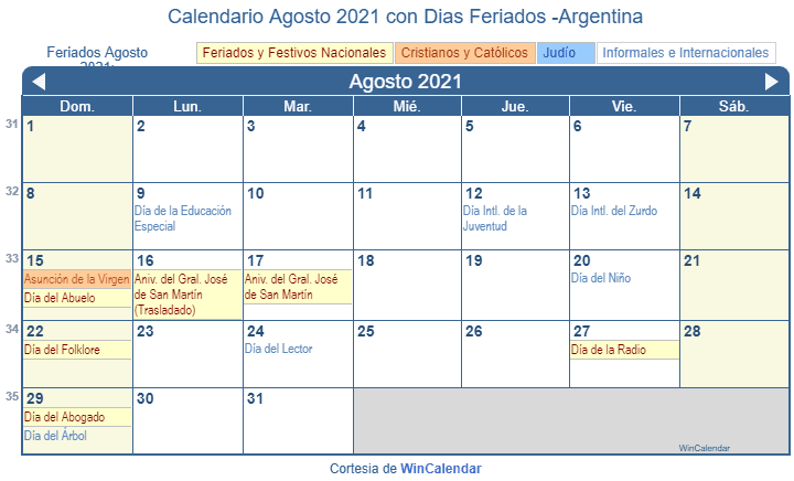 Calendario Argentino Agosto 2021 en formato de imagen para imprimir