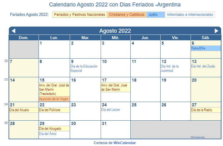 Calendario Argentino Agosto 2022 en formato de imagen para imprimir