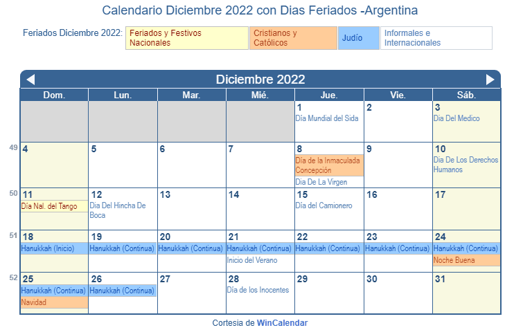 Calendario Argentino Diciembre 2022 en formato de imagen para imprimir