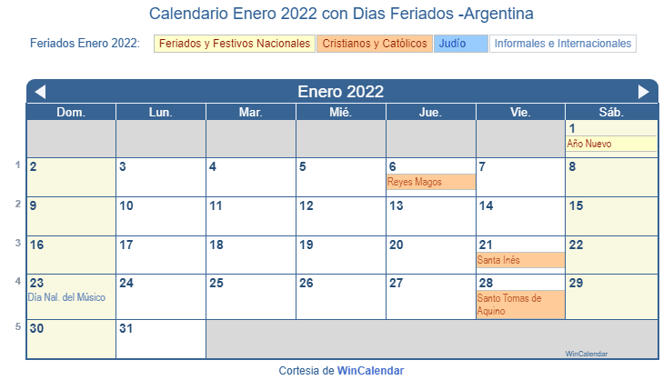 Calendario Argentino Enero 2022 en formato de imagen para imprimir