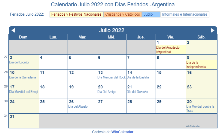 Calendario Argentino Julio 2022 en formato de imagen para imprimir