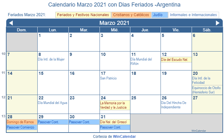 Calendario Marzo 2021 Para Imprimir Argentina 