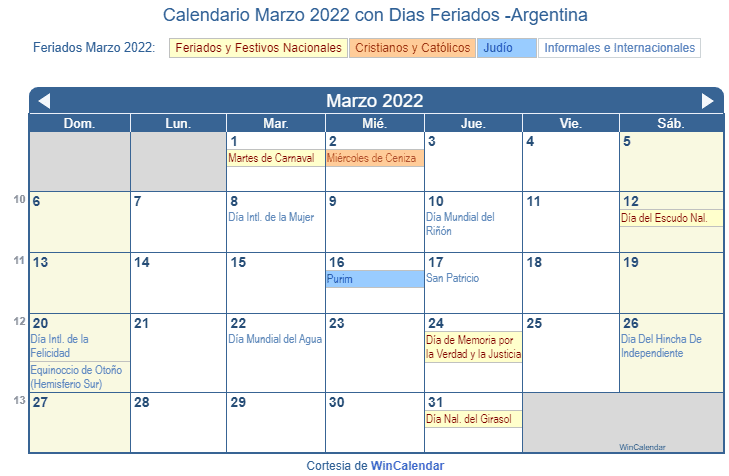 Calendario Argentino Marzo 2022 en formato de imagen para imprimir