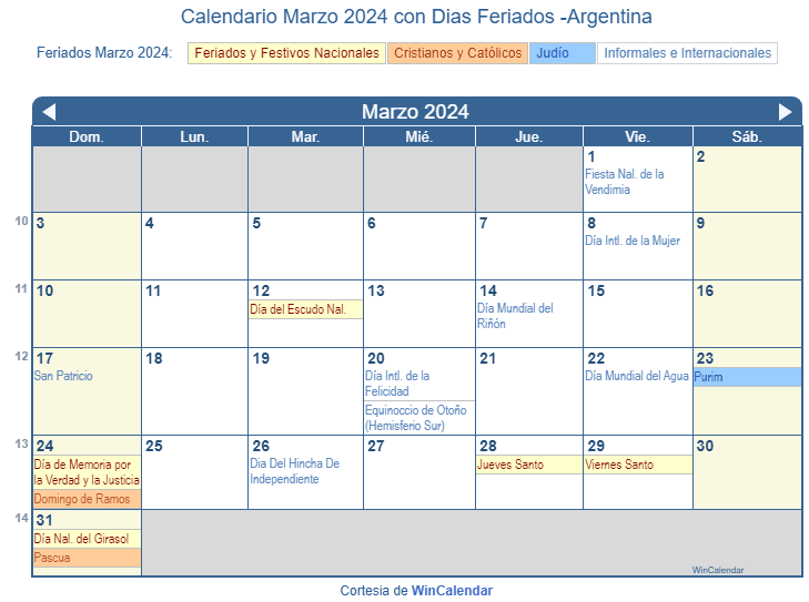 Calendario Marzo 2024 para imprimir Argentina