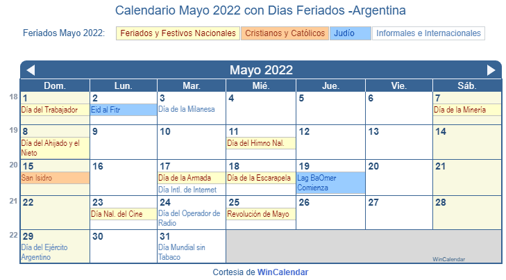 Calendario Argentino Mayo 2022 en formato de imagen para imprimir
