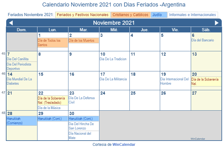 Calendario Noviembre 2021 Para Imprimir Argentina