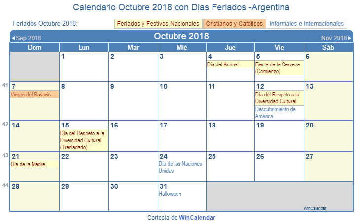 Calendario Argentino Octubre 2018 en formato de imagen para imprimir