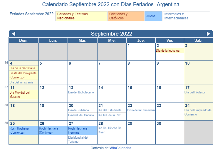 Calendario Argentino Septiembre 2022 en formato de imagen para imprimir