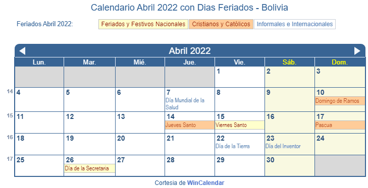 Calendario Bolivia Abril 2022 en formato de imagen para imprimir.