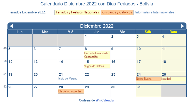 Calendario Bolivia Diciembre 2022 en formato de imagen para imprimir.