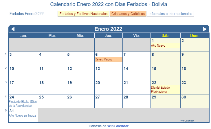 Calendario Bolivia Enero 2022 en formato de imagen para imprimir.