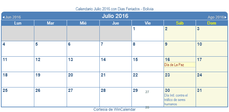 Calendario Bolivia Julio 2016 en formato de imagen para usarlo como un calendario imprimible.