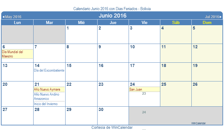 Calendario Bolivia Junio 2016 en formato de imagen para usarlo como un calendario imprimible.