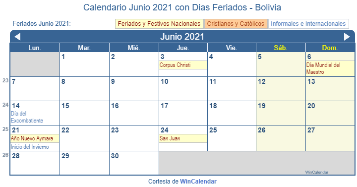 Calendario Bolivia Junio 2021 en formato de imagen para imprimir.