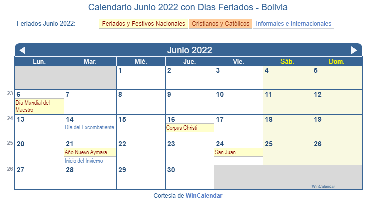 Calendario Bolivia Junio 2022 en formato de imagen para imprimir.
