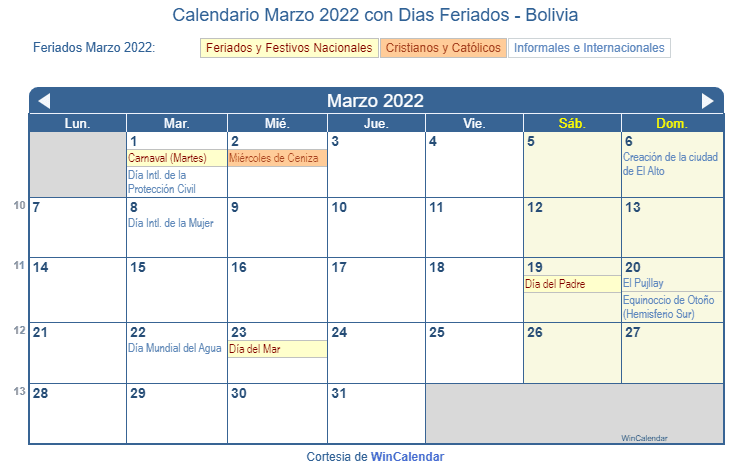 Calendario Bolivia Marzo 2022 en formato de imagen para imprimir.