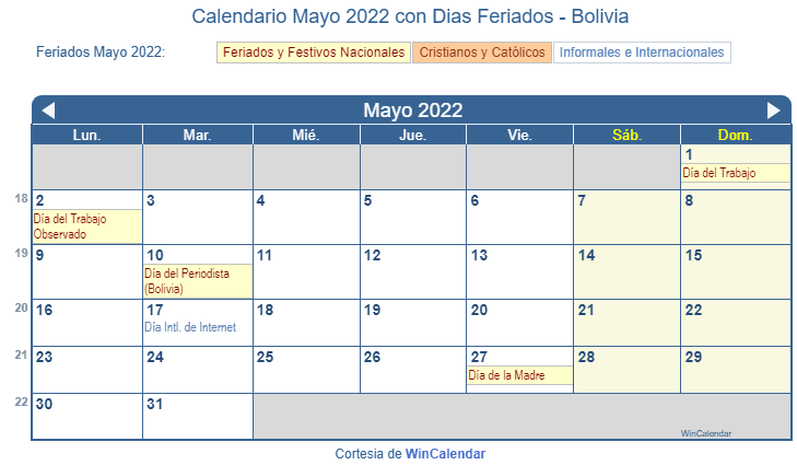 Calendario Bolivia Mayo 2022 en formato de imagen para imprimir.